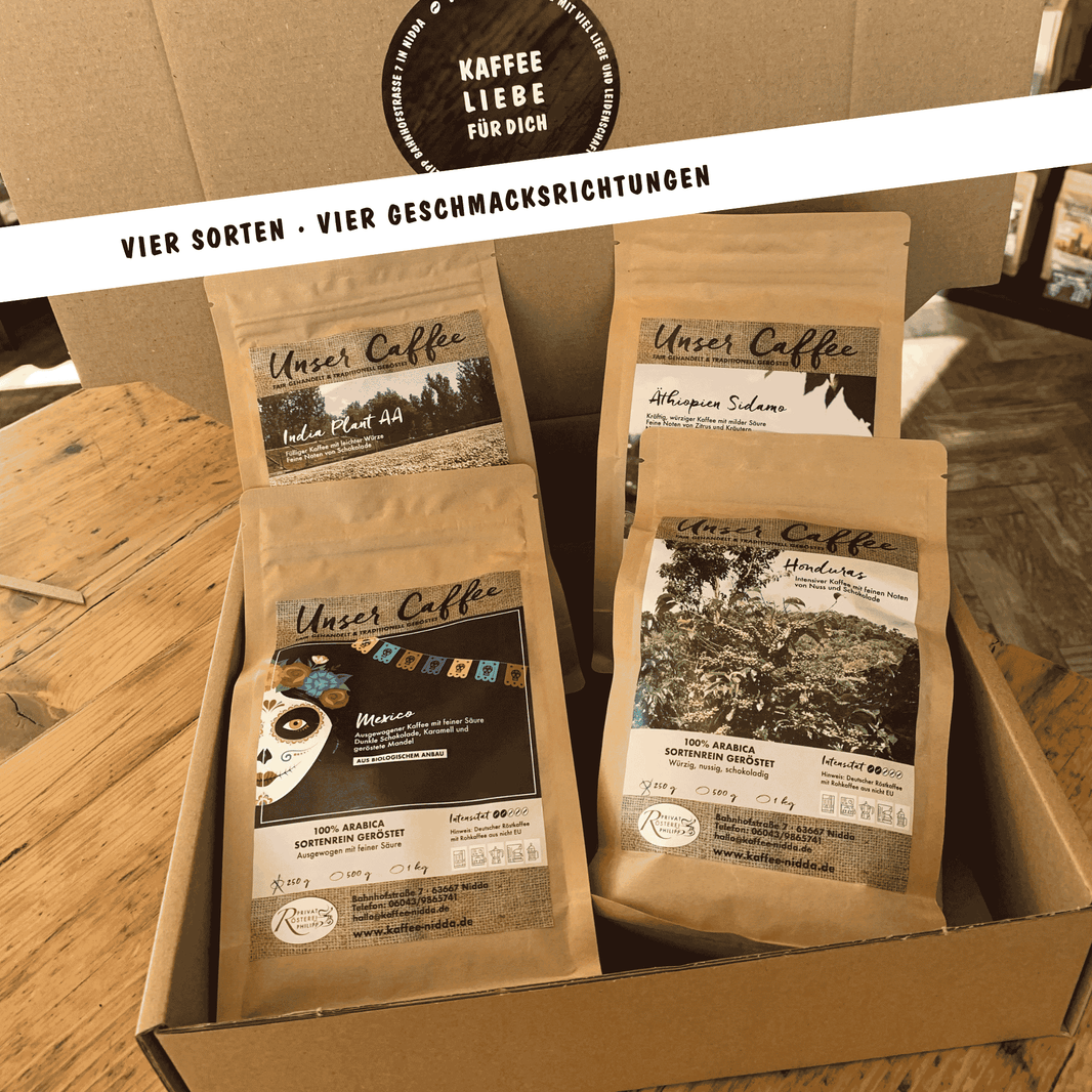 image Single Origin Kaffee Probierpaket der Privatrösterei Philipp mit verschiedenen Kaffeepackungen in einer Geschenkbox