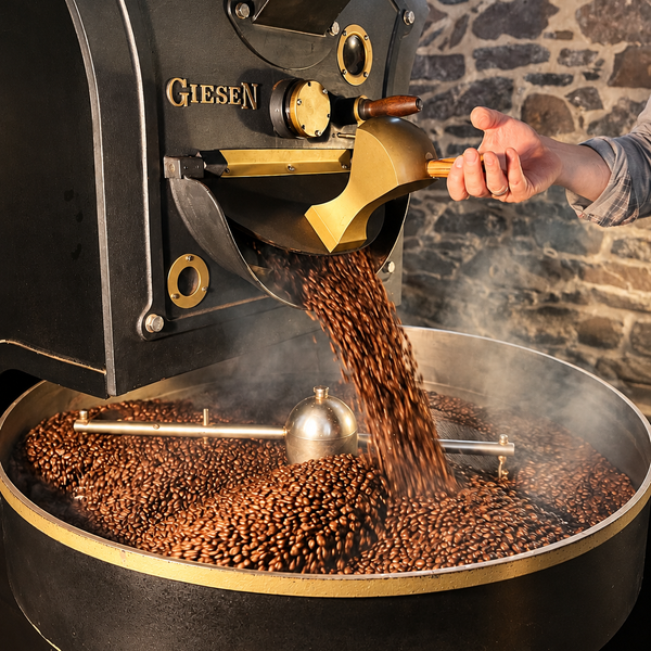 Frisch geröstete Kaffeebohnen im Trommelröster der Privatrösterei Philipp in Nidda