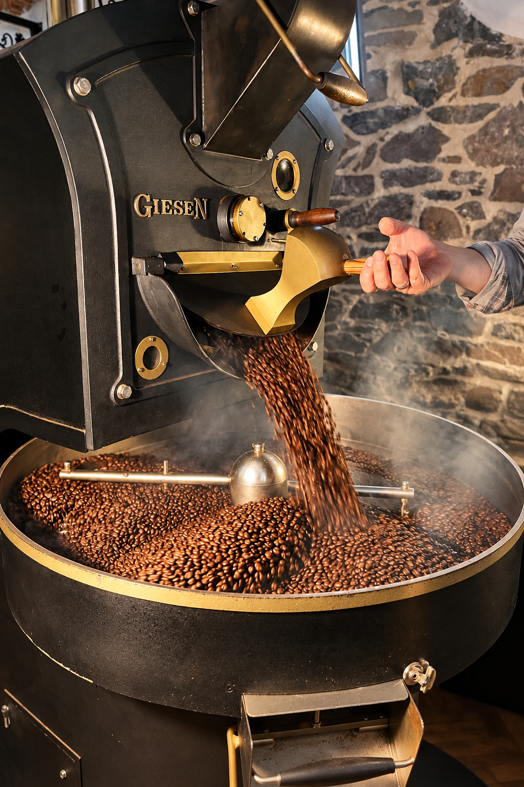 image Frisch geröstete Kaffeebohnen im Trommelröster der Privatrösterei Philipp in Nidda
