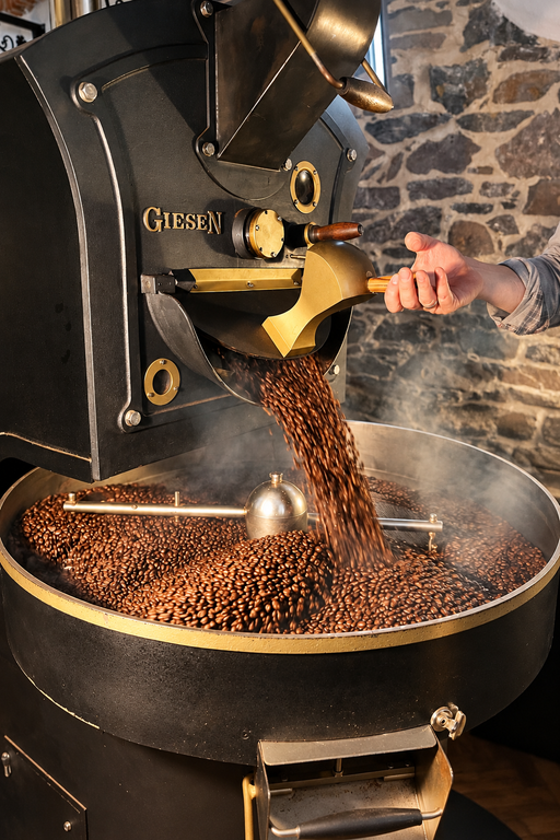 Frisch geröstete Kaffeebohnen im Trommelröster der Privatrösterei Philipp in Nidda