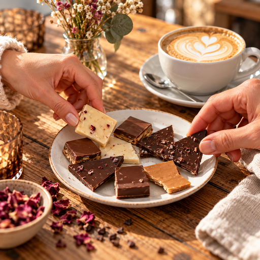 Verschiedene Bruchschokoladen der Privatrösterei Philipp mit Cappuccino auf einem Holztisch