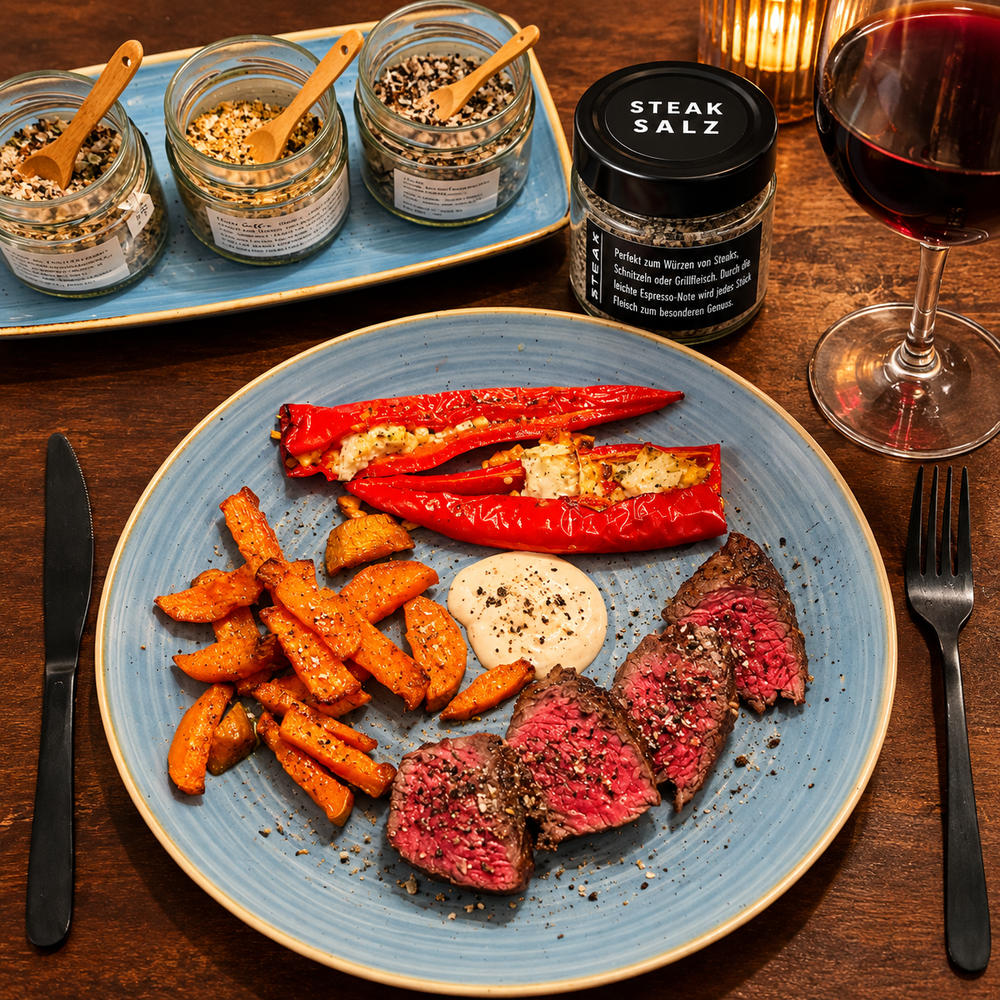 Steak mit Kaffee Steak Salz, Süßkartoffeln und gefüllter Paprika auf einem Teller