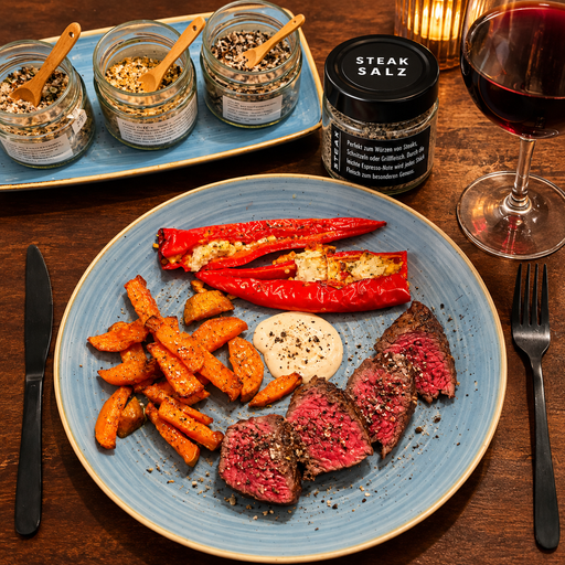 Steak mit Kaffee Steak Salz, Süßkartoffeln und gefüllter Paprika auf einem Teller